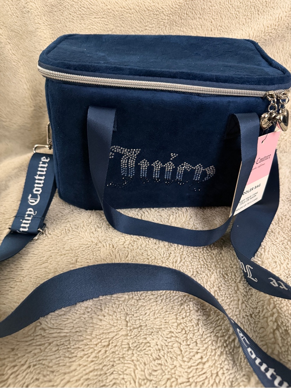 Juicy Couture Navy Velour Crossbody Cooler Bag with Rhinestone Logo